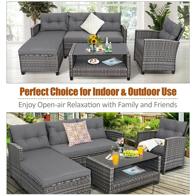 4 Piece Rattan Patio Conversation Set Wicker Outdoor Sectional Sofa Set with Coffee Table & Cushions