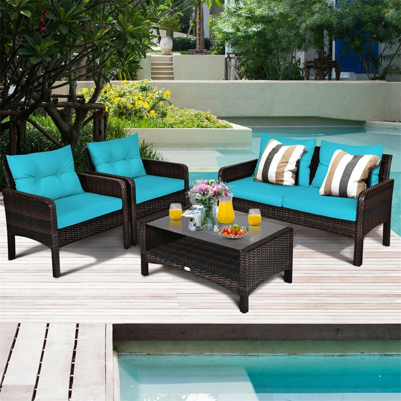 4 Piece Outdoor Wicker Furniture Set Rattan Patio Conversation Set with Coffee Table & Cushions