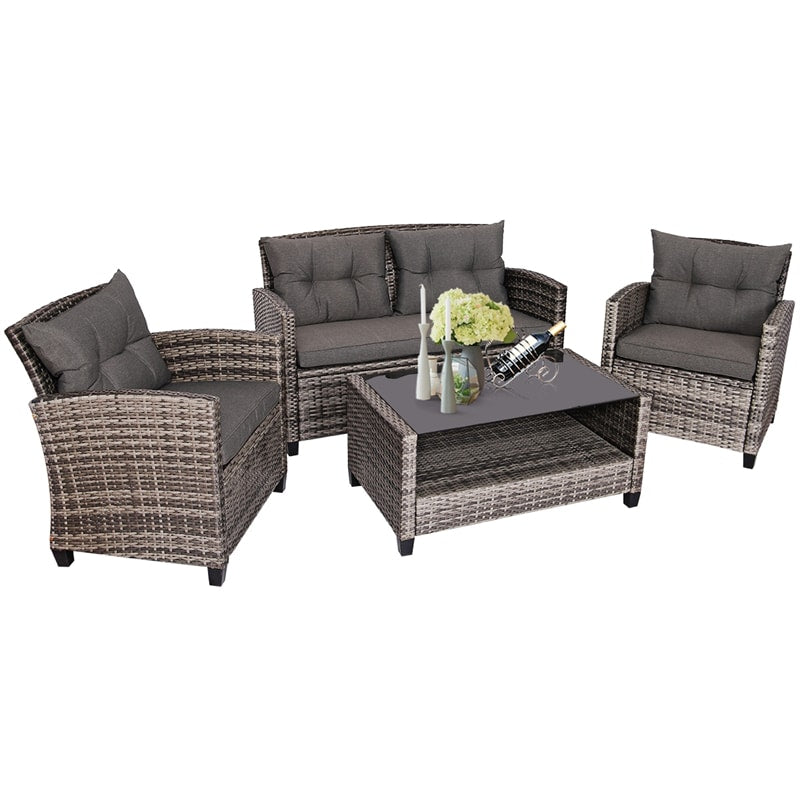 4 Piece Patio Wicker Conversation Furniture Set Outdoor Rattan Sofa Seating Group with Padded Cushions & Tempered Glass Coffee Table