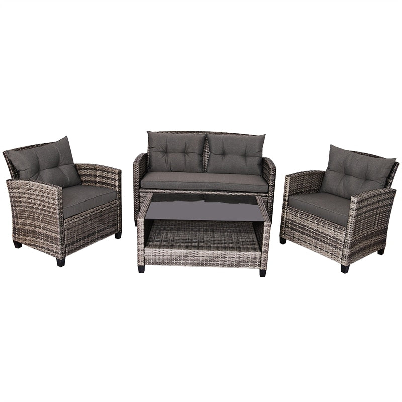 4 Piece Wicker Rattan Patio Conversation Set Garden Seating Group with Cushions & Coffee Table