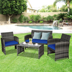 4 Pieces Outdoor Rattan Sofa Set Patio Conversation Set with Cushions & Glass Table