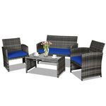 4 Pieces Wicker Patio Conversation Set Outdoor Rattan Chair Furniture with Cushions & Tempered Glass Coffee Table