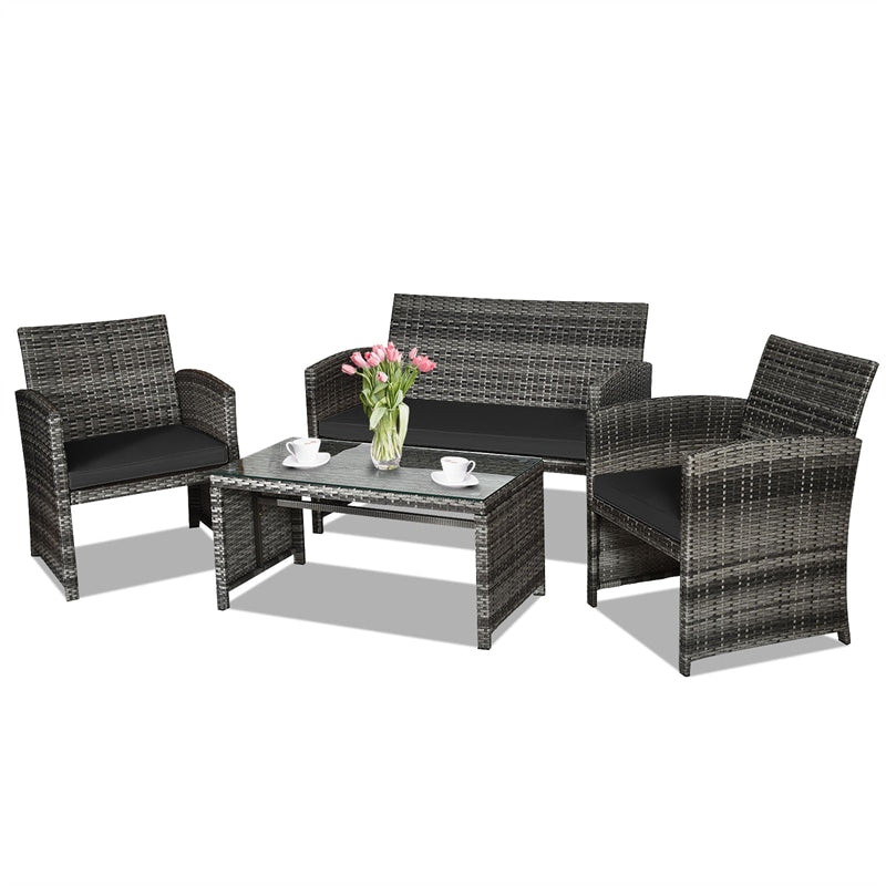4 Pieces Wicker Patio Conversation Set Outdoor Rattan Chair Furniture with Cushions & Tempered Glass Coffee Table