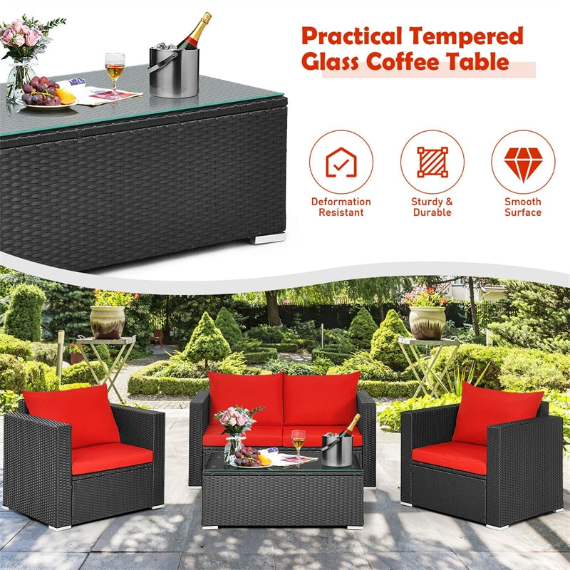 4 Pieces Outdoor Wicker Patio Rattan Conversation Set with Coffee Table & Padded Cushion
