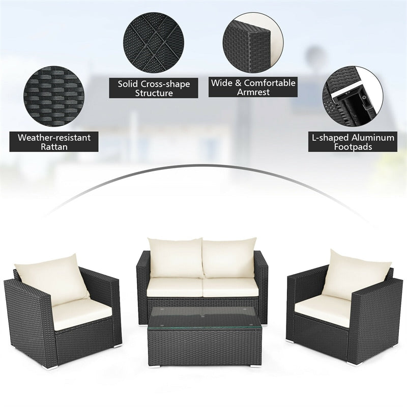 4 Pieces Outdoor Wicker Patio Rattan Conversation Set with Coffee Table & Padded Cushion