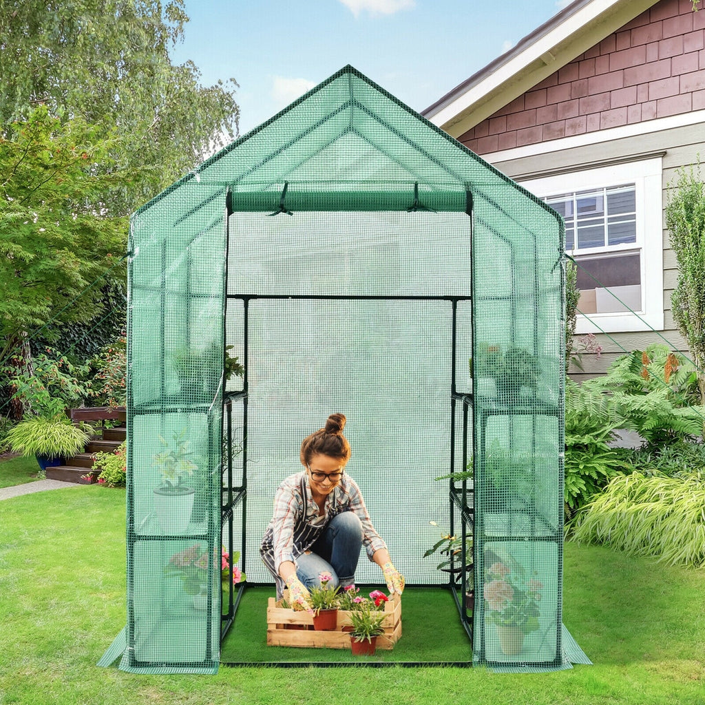 Portable Walk-in Greenhouse 2 Tiers 8 Shelves Garden Grow Tent Indoor Outdoor Weather-Proof PE Cover with Roll-Up Zipper Door & 2 Windows