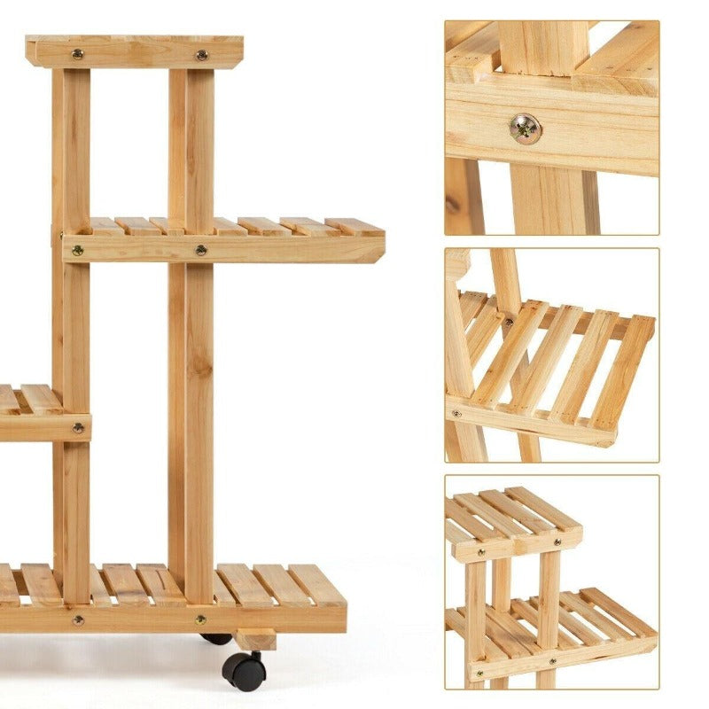 4 Tier Wood Plant Stand Rolling Flower Rack with 6 Wheels - Bestoutdor