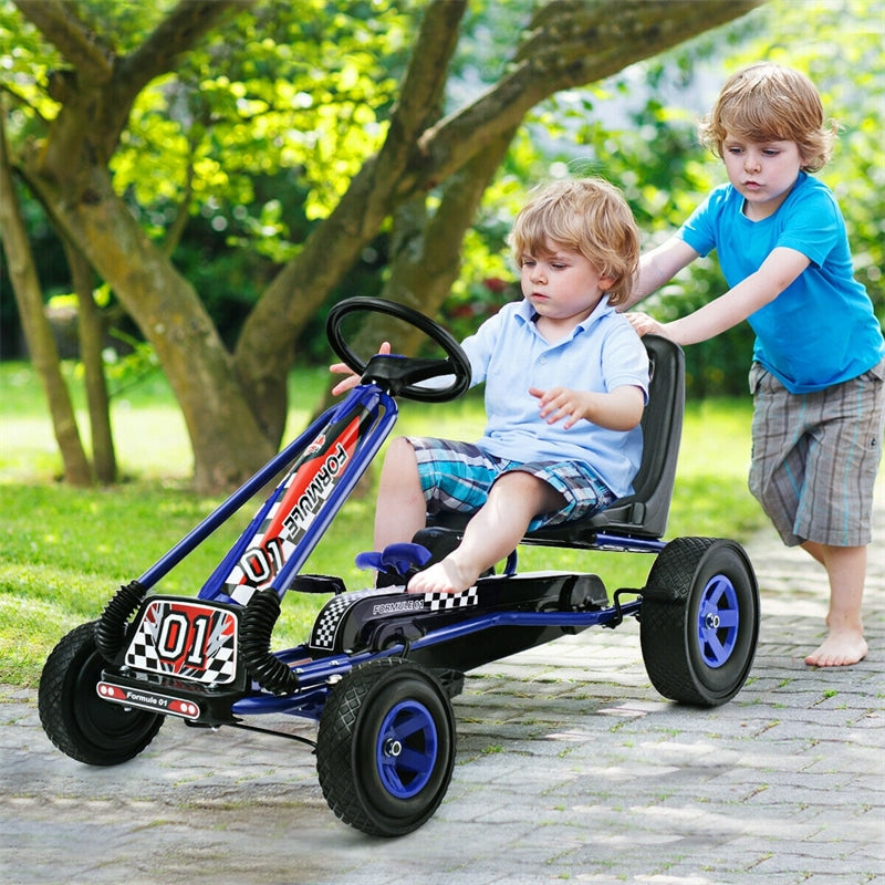 Kids Ride On Pedal Go Kart 4 Wheel Pedal Kart Off-Road Go Kart Racer Car with Adjustable Seat