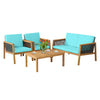4 Piece Patio Rattan Conversation Set with Acacia Wood Table & Soft Cushions