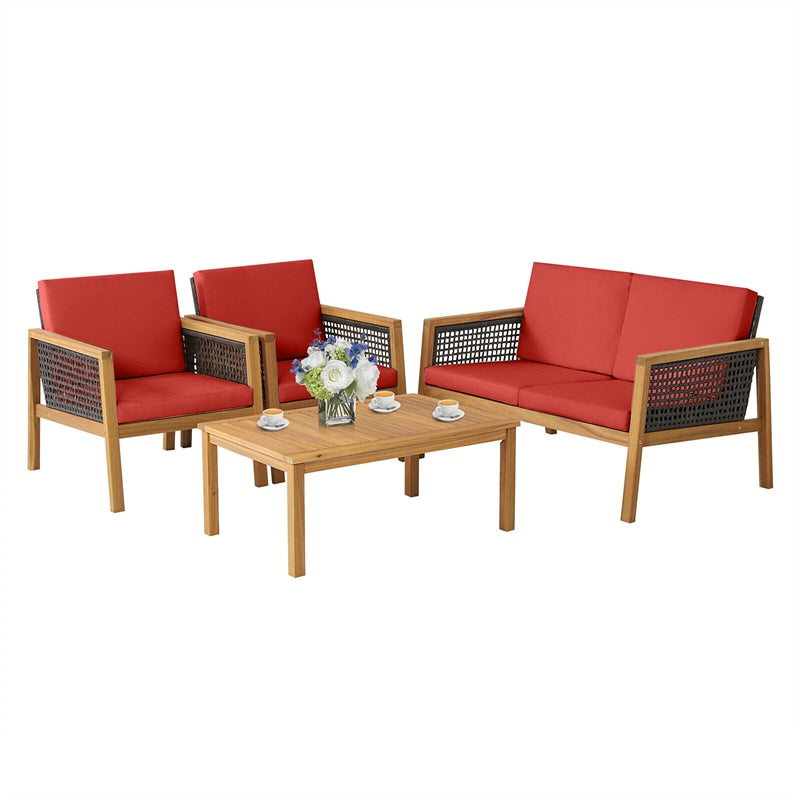 4 Piece Acacia Wood Rattan Patio Conversation Set with Acacia Wood Coffee Table & Soft Cushions