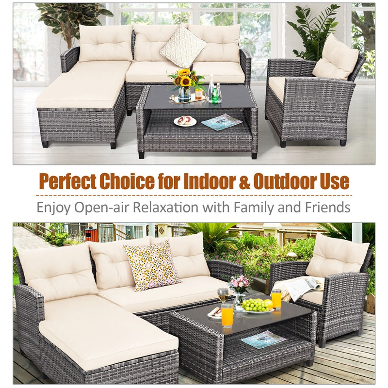 4 Piece Rattan Patio Conversation Set Wicker Outdoor Sectional Sofa Set with Coffee Table & Cushions