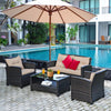 4-Piece Outdoor Rattan Furniture Set Patio Cushioned Conversation Set Wicker Sectional Sofa with Loveseat Chair & Shelf Glass Coffee Table
