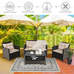4-Piece Outdoor Rattan Furniture Set Patio Cushioned Conversation Set Wicker Sectional Sofa with Loveseat Chair & Shelf Glass Coffee Table