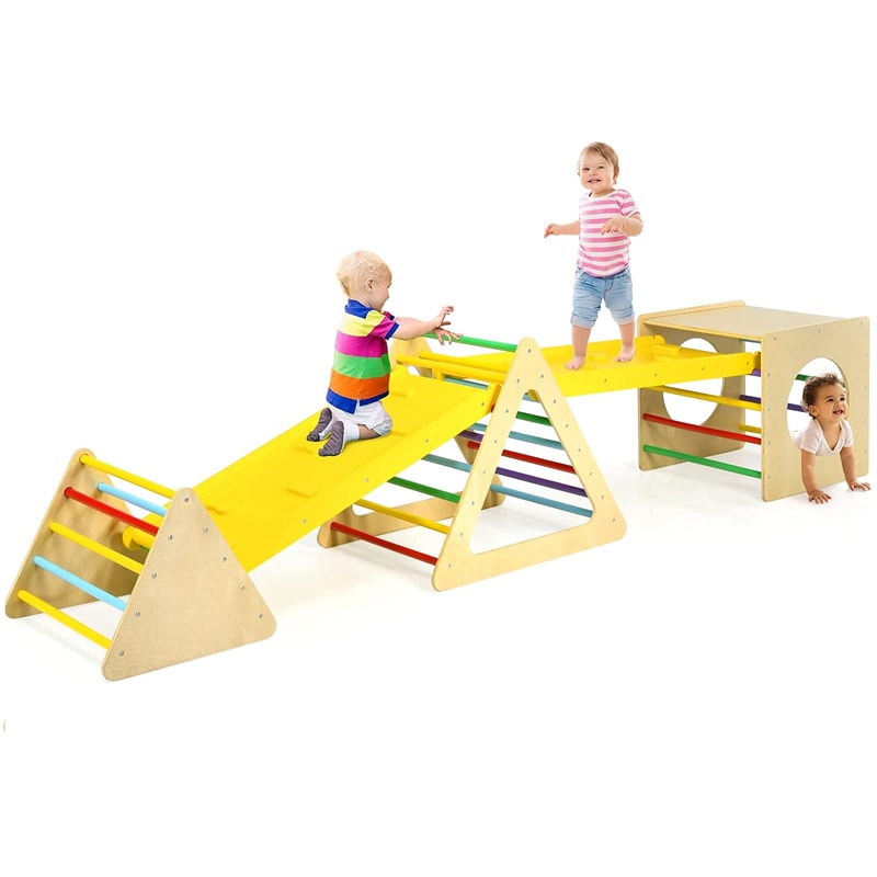 5-in-1 Kids Pikler Triangle Climber Wooden Toddler Climbing Triangle Set with 2 Sliding Ramps & Ladder