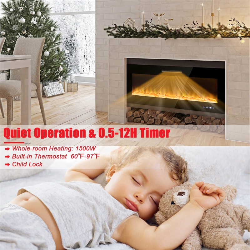 50 Inch Electric Fireplace Insert 5000 BTU Recessed Fireplace with Decorative Crystal & Dual Control