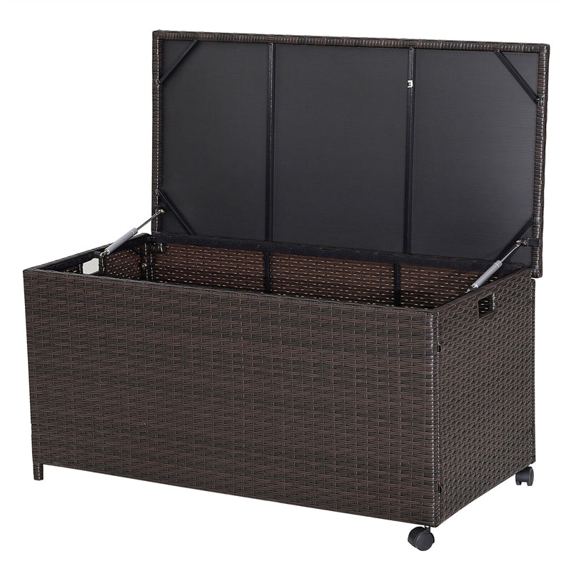 50 Gallon Wicker Deck Storage Box Patio Rattan Storage Container with 2 Universal Wheels & Zippered Liner