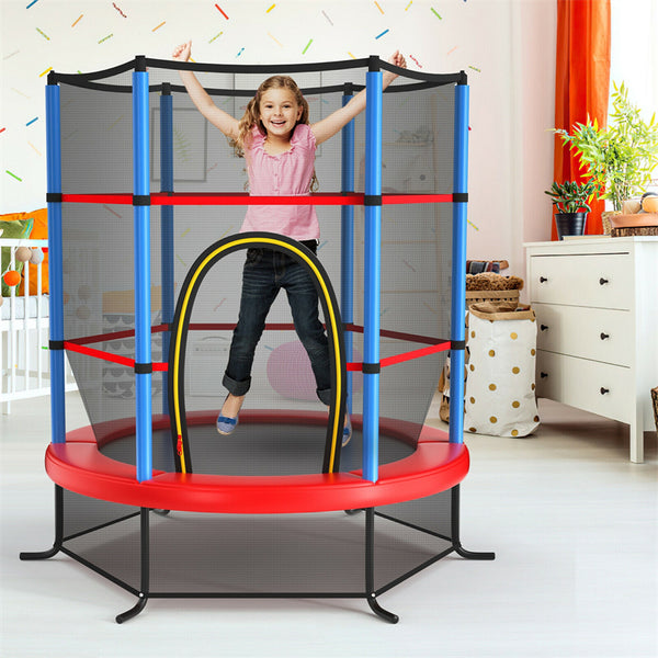 55" Round Kids Trampoline Outdoor Indoor Toddler Trampoline Bouncing Jumping Mat with Safety Enclosure Net - Bestoutdor