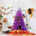 5FT Artificial Prelit Purple Halloween Tree Christmas Tree with Orange Lights & Pumpkin Ornaments