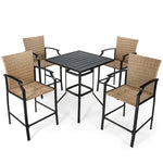 5 PCS Outdoor Bar Height Patio Bistro Set Steel Square Bar Table with 4 Rattan Bar Chairs & Cushions
