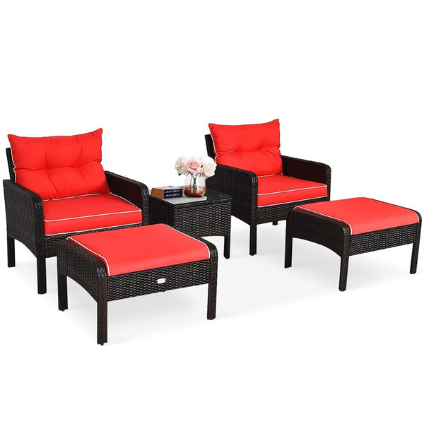 5 Pcs Rattan Patio Furniture Set Conversation Sofa Coffee Table Set with Cushioned Sofas & Ottomans