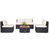 5 Piece Rattan Outdoor Sectional Furniture Wicker Patio Conversation Set with Acacia Wood Tabletop & Cushions