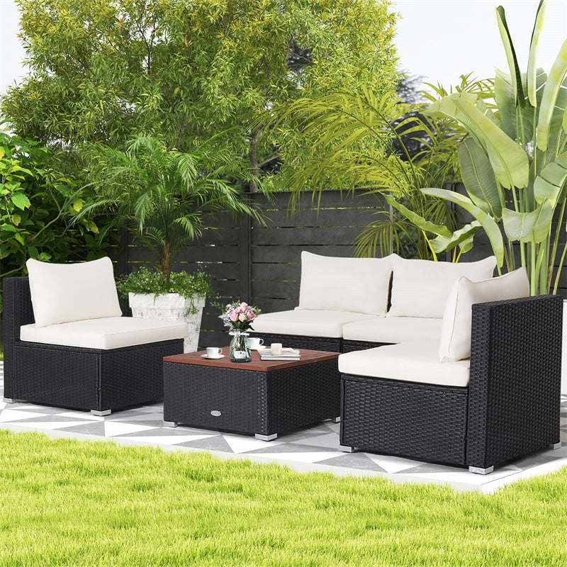 5 Piece Wicker Outdoor Furniture Set Rattan Patio Conversation Set with Acacia Wood Tabletop, Sofas & Cushions