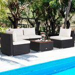 5 Piece Wicker Outdoor Furniture Set Rattan Patio Conversation Set with Acacia Wood Tabletop, Sofas & Cushions