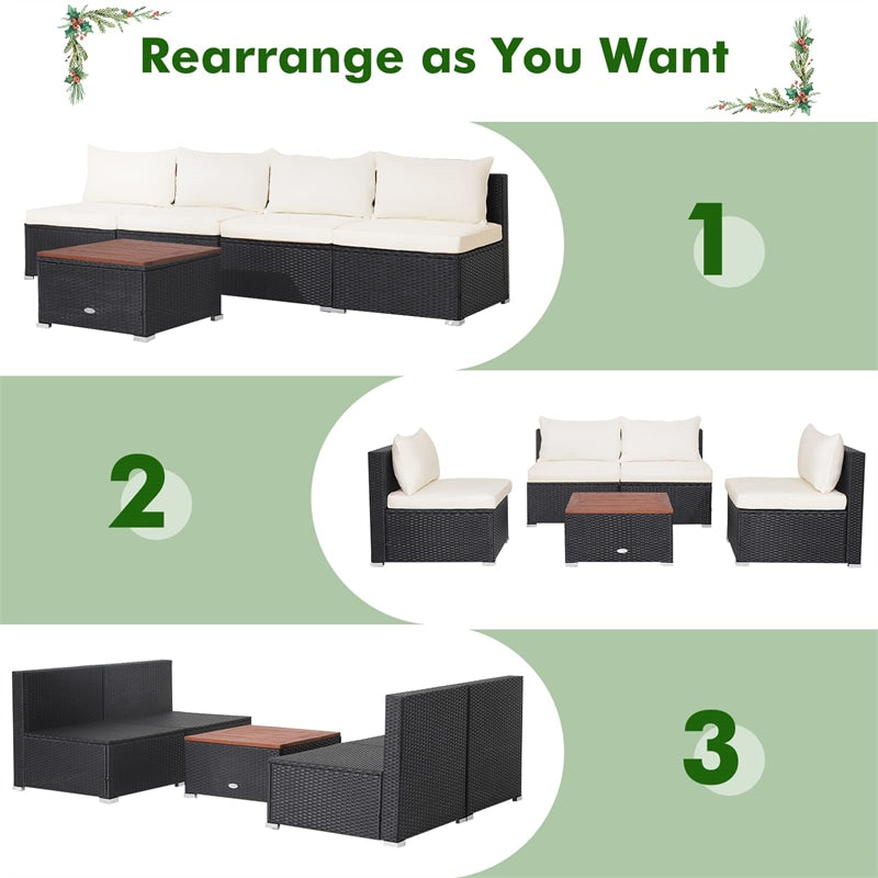 5 Piece Garden Rattan Furniture Set Wicker Patio Conversation Set with Acacia Wood Tabletop & Cushions