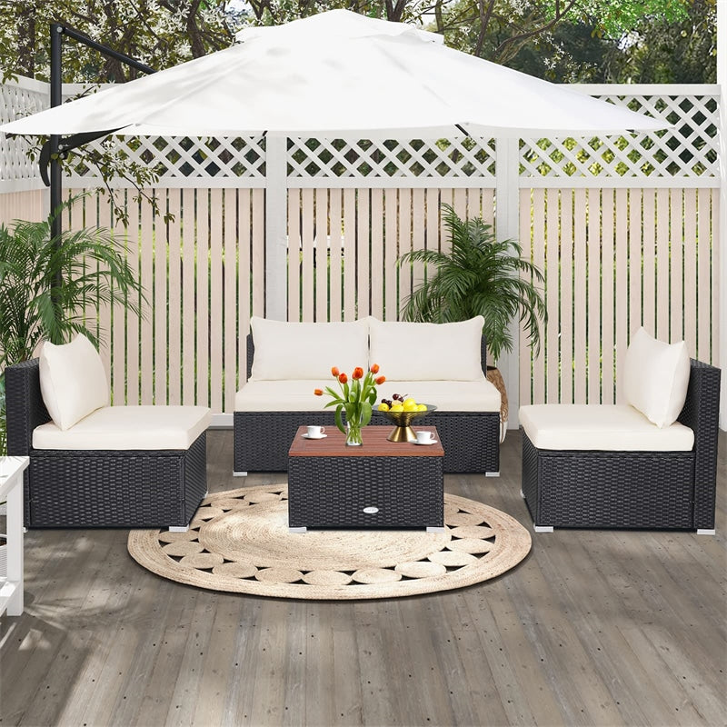 5 Piece Rattan Outdoor Sectional Furniture Wicker Patio Conversation Set with Acacia Wood Tabletop & Cushions