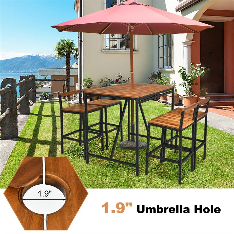 5 Piece Patio Rattan Bar Table Set with Umbrella Hole Acacia Wood High Dining Bistro Set with 4 Bar Stools