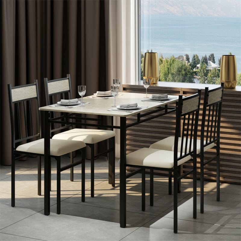 5 Piece Faux Marble Dining Table Set Kitchen Breakfast Furniture with 4 Padded Chairs