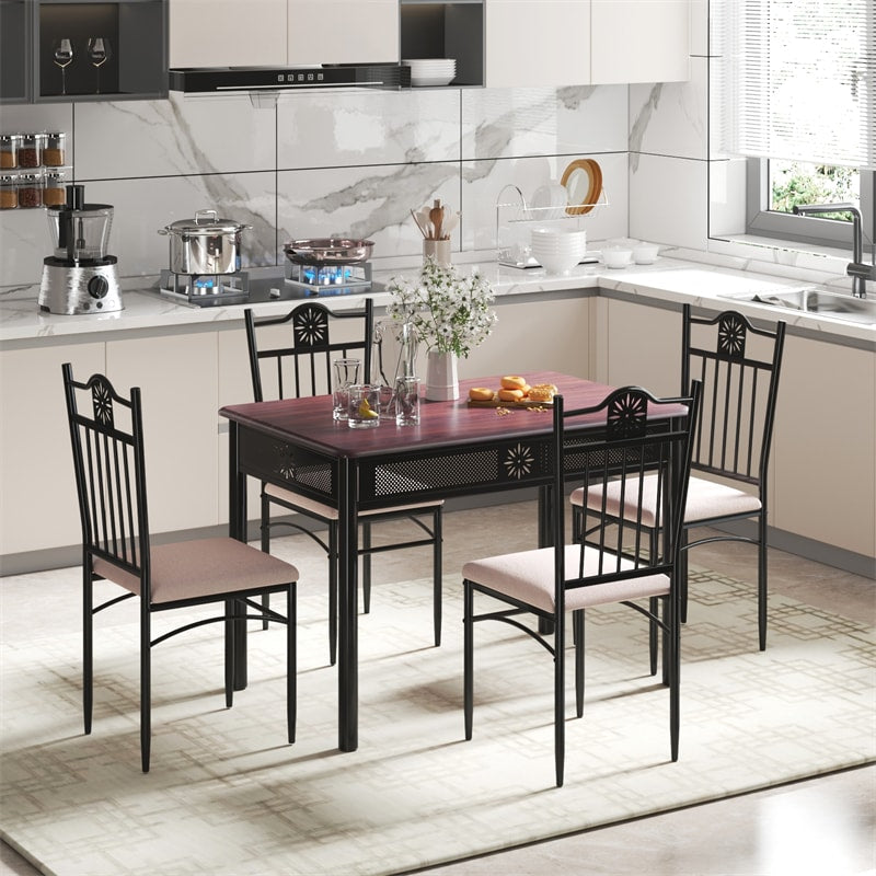 5 Piece Vintage Kitchen Dining Table Set Wood Top Metal Frame Table with 4 Padded Dining Chairs