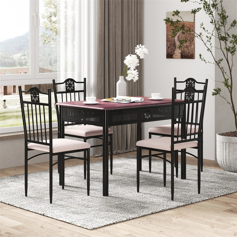 5 Piece Vintage Kitchen Dining Table Set Wood Top Metal Frame Table with 4 Padded Dining Chairs