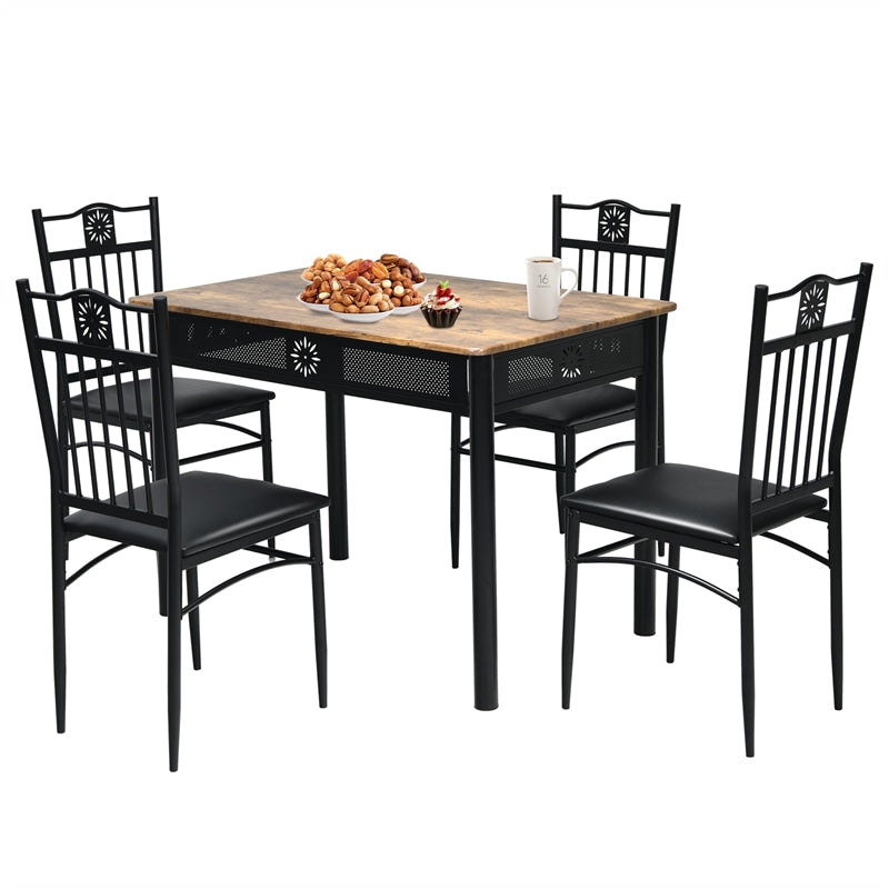 5 Piece Vintage Kitchen Dining Table Set Wood Top Metal Frame Table with 4 Padded Dining Chairs