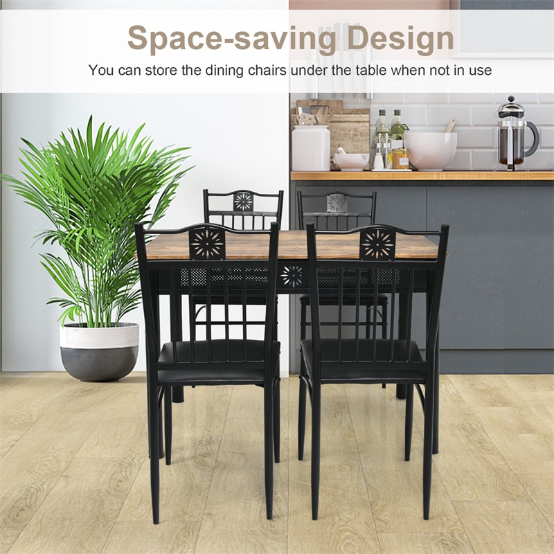 5 Piece Vintage Kitchen Dining Table Set Wood Top Metal Frame Table with 4 Padded Dining Chairs