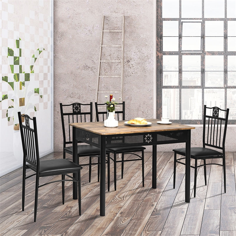 5 Piece Vintage Kitchen Dining Table Set Wood Top Metal Frame Table with 4 Padded Dining Chairs