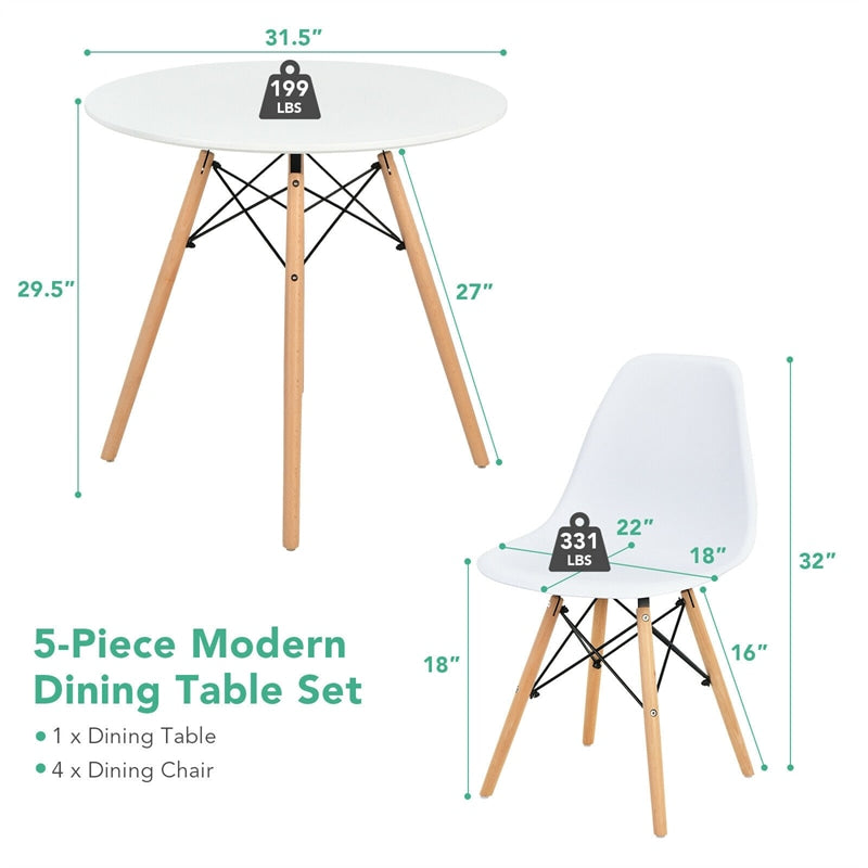 5 Piece Modern Round Dining Table Set with 4 DSW Dining Chairs & Solid Wood Legs