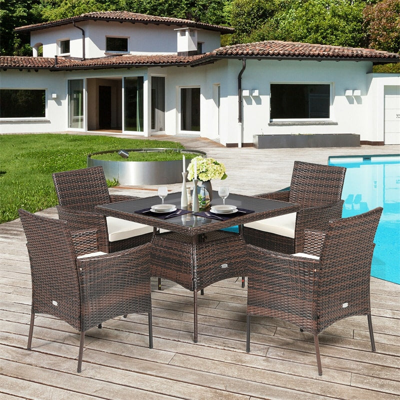 5 Piece Outdoor Rattan Dining Table Set with Tempered Glass Tabletop and 4 Cushioned Chairs