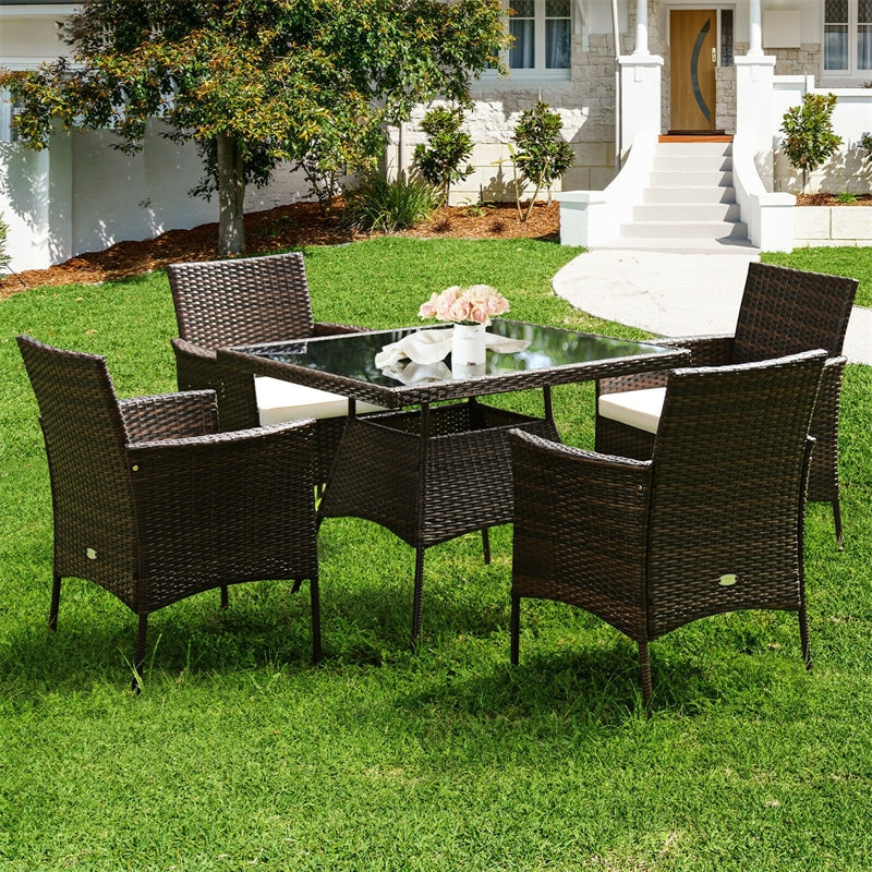 5 Piece Outdoor Rattan Dining Table Set with Tempered Glass Tabletop and 4 Cushioned Chairs