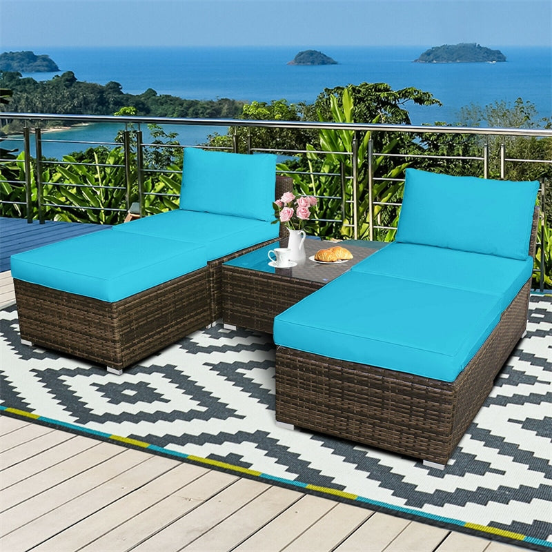 5 Piece Wicker Rattan Outdoor Furniture Set Armless Chairs Ottomans Coffee Table with Soft Cushions