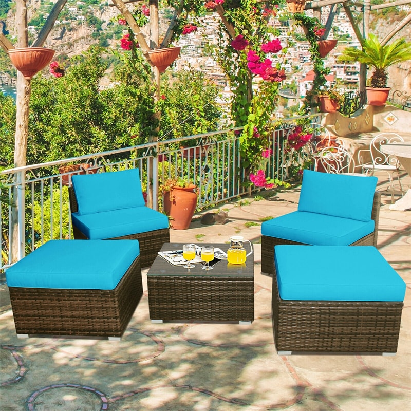 5 Piece Outdoor Rattan Furniture Wicker Lounge Chair Set with Glass Coffee Table & Soft Cushions