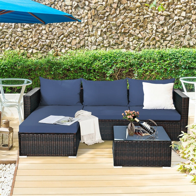 5 Piece Wicker Outdoor Sectional Sofa Rattan Patio Conversation Set with Coffee Table & Cushions