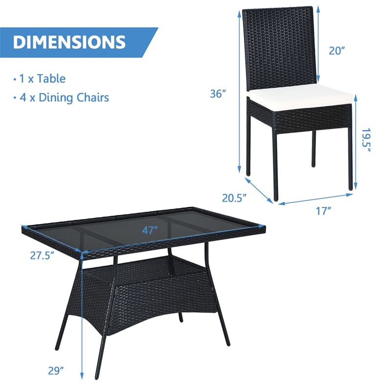 5 Piece Wicker Outdoor Dining Set Black PE Rattan Patio Furniture Set with Glass Top Table & 4 Cushioned Chairs