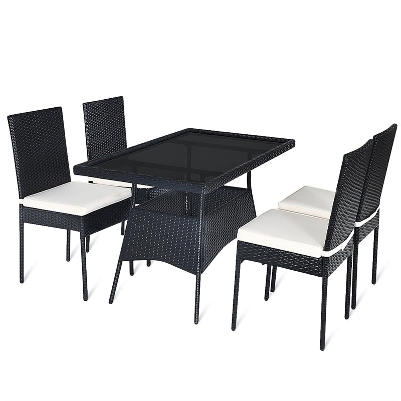 5 Piece Wicker Outdoor Rattan Patio Dining Set Glass Table & Cushioned Chairs
