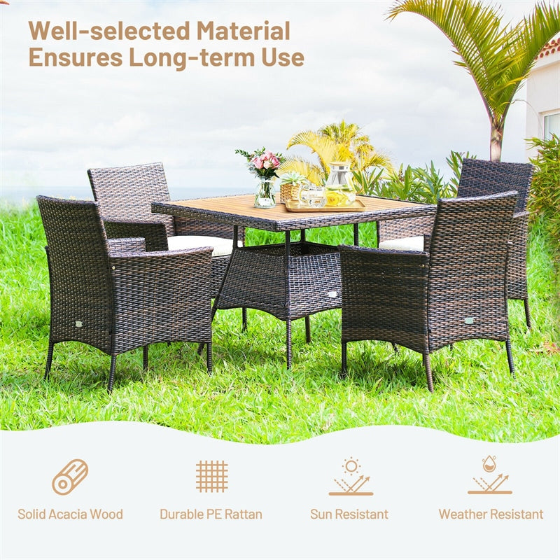 5 Piece Wicker Patio Rattan Dining Table Set with Cushioned Armchairs & Umbrella Hole