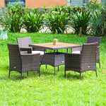 5 Piece Wicker Patio Rattan Dining Table Set with Cushioned Armchairs & Umbrella Hole