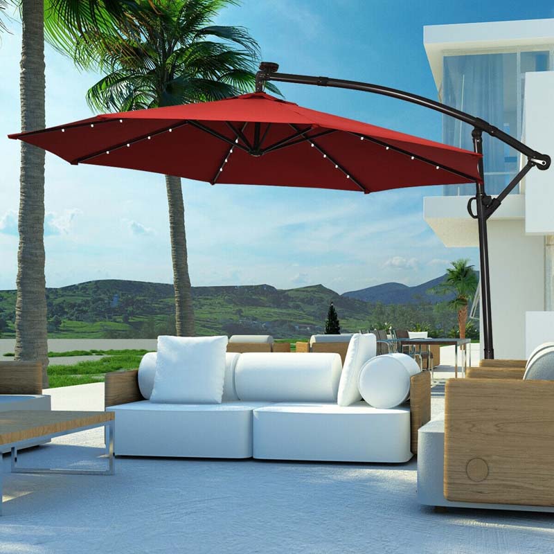 10Ft 360° Rotation Solar LED Offset Patio Umbrella with Cross Base