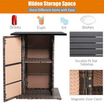 5 Piece Wicke Patio Bar Set Rattan Garden Bar Furniture Set with 4 Cushioned Stools & Hidden 2-Tier Storage Shelf