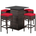 5 Piece Outdoor Rattan Bar Set Wicker Bar Furniture with 4 Cushioned Stools & Smooth Top Table Hidden Storage Shelf