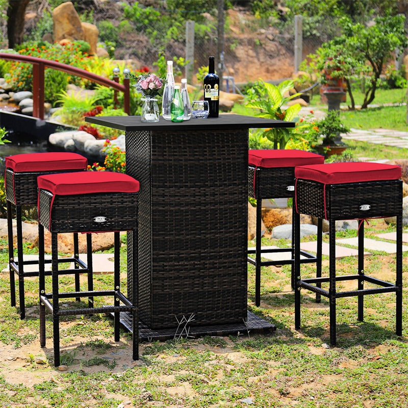 5 Piece Wicke Patio Bar Set Rattan Garden Bar Furniture Set with 4 Cushioned Stools & Hidden 2-Tier Storage Shelf